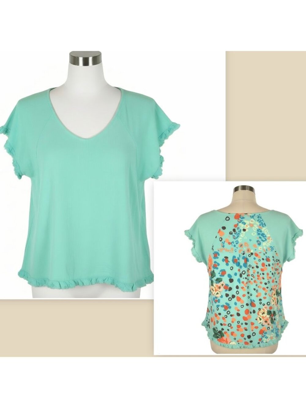 Umgee Top Womens S Green Linen Blend Floral Fringe Ruffle Cottage Hippie Relaxed